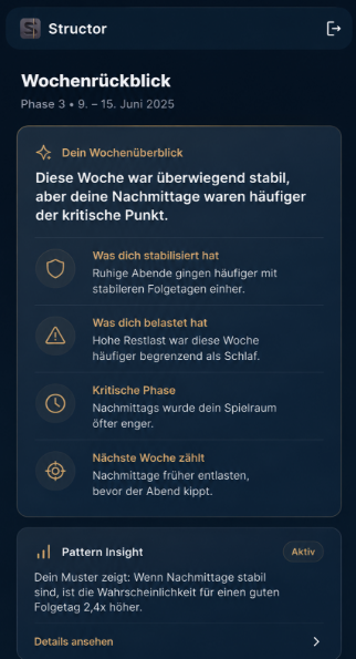 Structor Screenshot: Weekly Review oder Pattern Insight